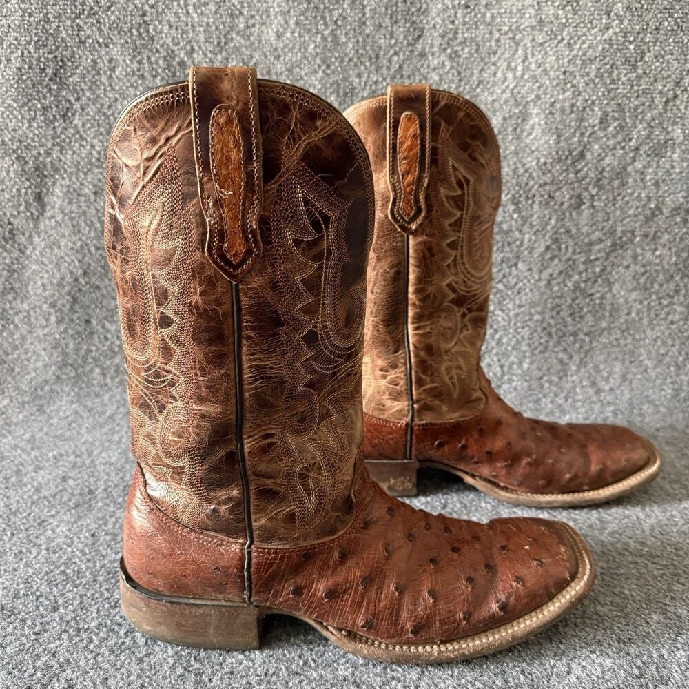 Cavenders Mens Rustic Cognac Ostrich Print Square Toe Western Cowboy Boots 9.5 D